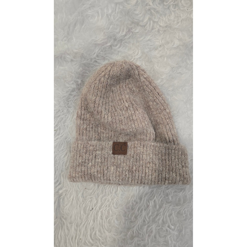 C.C Beanie Womens Knit Oatmeal Beige Heather Ribbed Winter Hat Logo Patch